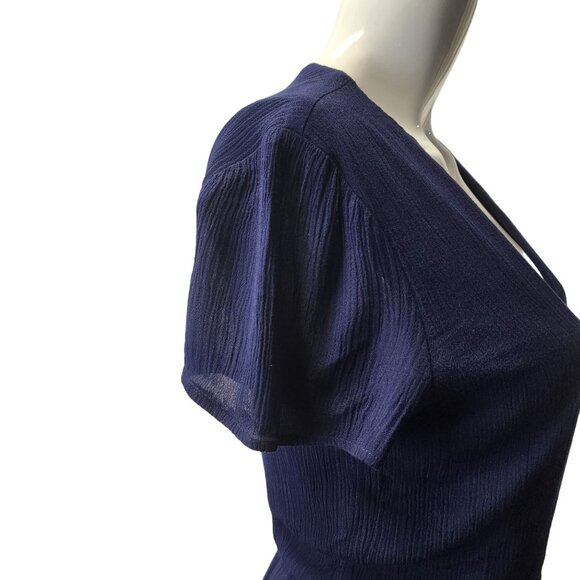 Wayf Navy Blue Blouson Midi Dress Rayon & Polyester Lined V-Neck Short Sleeves M - Picture 9 of 16